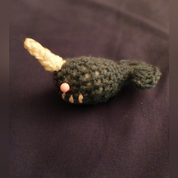 3 three cute hand crocheted narwhals. 2 Grey and 1 burgundy. Soft sculpture. - Picture 8 of 10